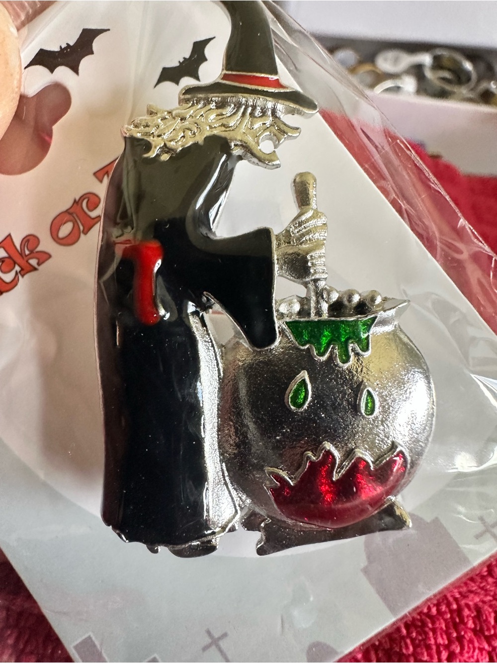 Witch Cauldron Enamel Pin - Black, Silver & Red Accent